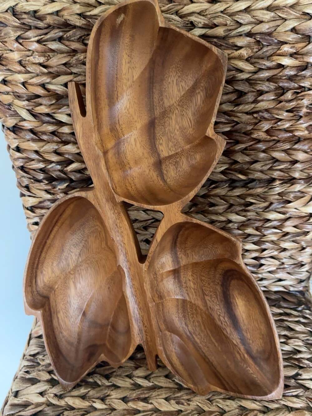 Vintage Hand Carved Monkey Pod Wood Three Section Leaf Shaped Serving Bowl Tray